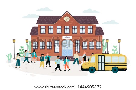 Group of children walking in front of the school bulding. Idea of education and learning. Child going to the yellow school bus. Pupil in uniform. Isolated vector illustration in cartoon style