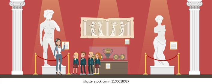 Group of children watching famous antique sculptures at the museum. Little boys and girls listening guide talking about exhibit. Flat vector illustration