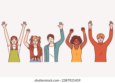 Group of children waving and celebrating start of school year and opportunity to receive quality education. Multiracial children boys and girls of adolescence, for concept of childhood happiness