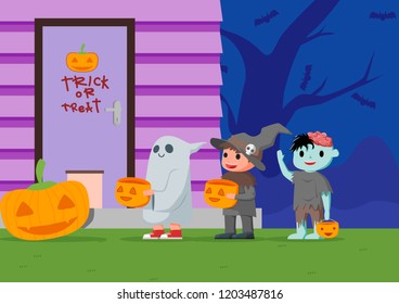 A group of children wearing halloween costumes waiting for candy in front of a house