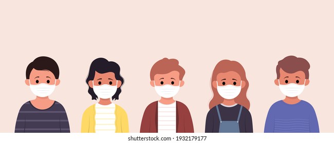 Group of children wearing medical mask to prevent disease, flu, air pollution, contaminated air, world pollution in flat style.