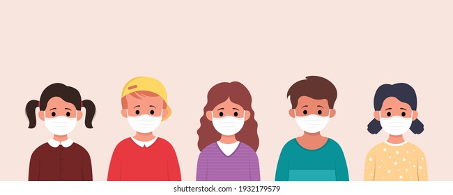 Group of children wearing medical mask to prevent disease, flu, air pollution, contaminated air, world pollution in flat style.