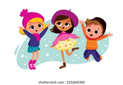 Group of children in winter clothes jumping. Cheerful kids with winter background.