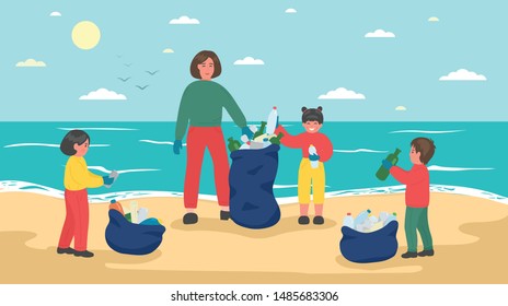 Group of children with woman cleaning up sea beach. Vector illustration