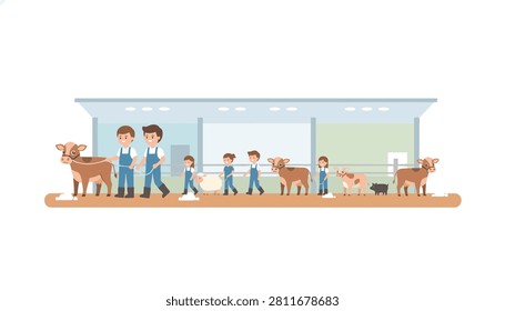 Group of children working on a farm leading calves and sheep inside a clean agricultural barn facility.