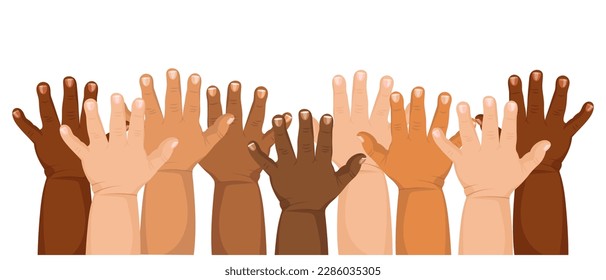 A group of children's raised hands of different nationality and ethnicity. Illustration, vector