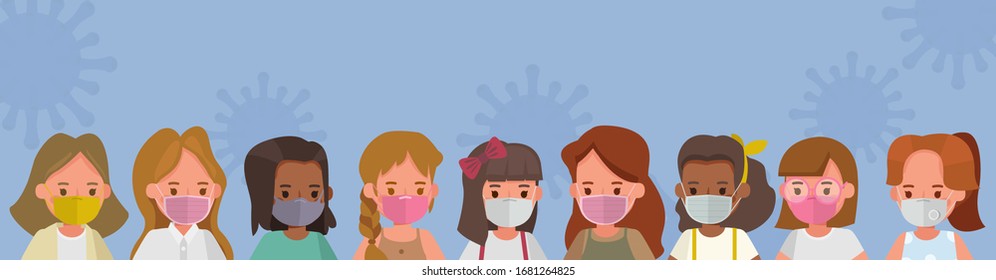 Group of children's wear medical mask, virus and pollution protection concept character vector design
