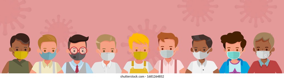 Group of children's wear medical mask, virus and pollution protection concept character vector design