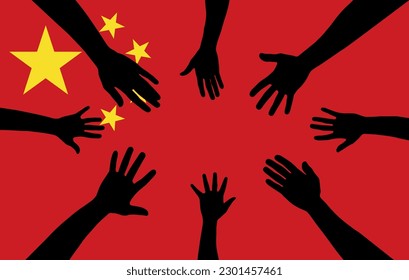 Group of China people gathering hands vector silhouette, unity or support idea, hand gathering silhouette on China flag, teamwork and togetherness concept, union of society