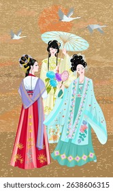 group of chinese girls in traditional costume hanfu. vintage card with three beautiful asian lady against grungy background with flying crane birds in the sunny sky. graceful woman holding flowers