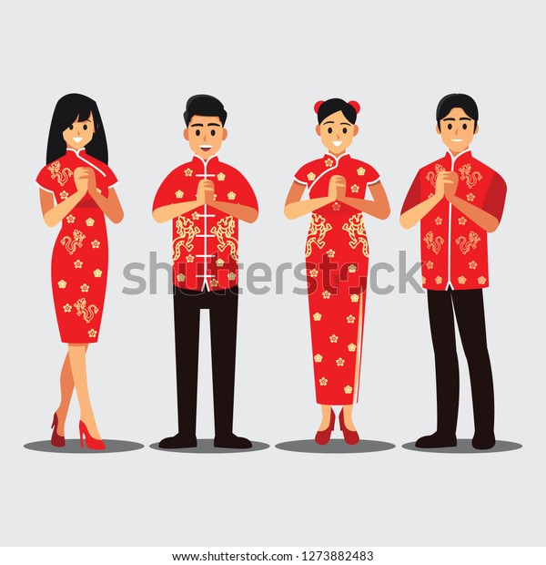 中国人のグループ挨拶 中国の新年のコンセプト ベクターイラスト漫画の文字 のベクター画像素材 ロイヤリティフリー