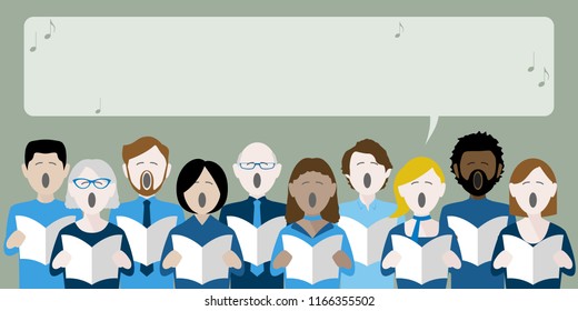group of choir singers with speech bubble for text