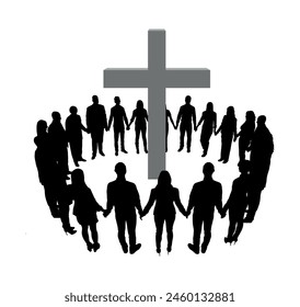 Group of Christians standing in circle holding hands together with giant holy cross in the middle full vector silhouette.	