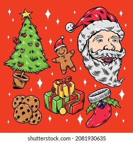 A Group Of Christmas Assets In Vector With Big Santa Claus Head, Christmas Tree, Gingerbread, Presents, Christmas Socks And Chocolate Cookies