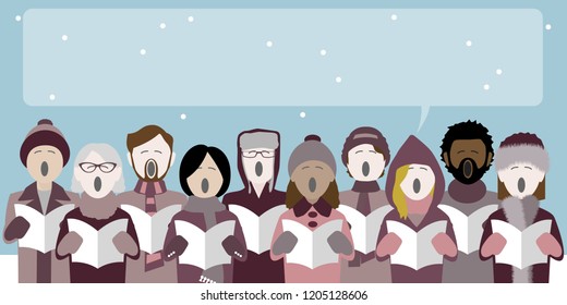 group of christmas carol singers with speech bubble for text