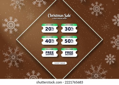 Group of Christmas Discount Voucher templates on Beautiful Mint Green Background with white 3d Snowflakes and border, Shop Now CTA Button. Price Discount, Free shipping, free delivery. Vector Art.