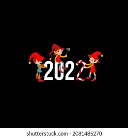 Group of Christmas elves. Elf helper Santa Claus. Preparation for holiday. Elf family for poster, banner, header, flyer, t shirts, packaging design, brochure, party posters