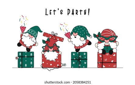 Group of Christmas Gnome in red and green Santa costume doing party on gift boxes, Christmas and happy new year, cartoon doodle hand drawn