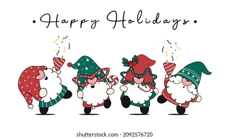 Group of Christmas gnomes in party theme, Happy Holidays, cartoon hand drawn doodle flat vector