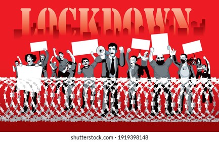 A group of city protestors surrounded by barbed wire fences. With mega phone, banner and signs.  Vector.