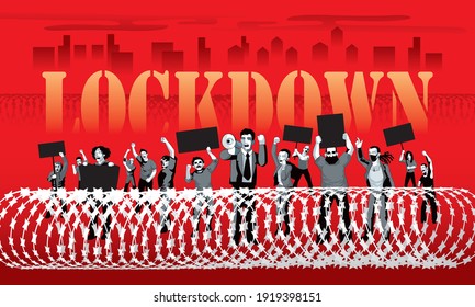A group of city protestors surrounded by barbed wire fences. With mega phone, banner and signs.  Vector.