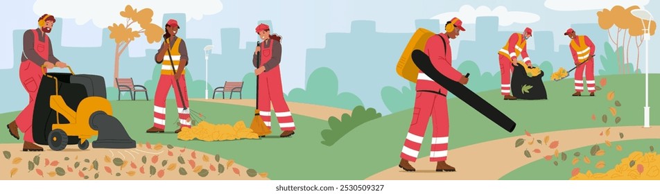 Group Of City Workers Cleaning Up Fallen Autumn Leaves In A Public Park. Cartoon Characters Using Tools Like Leaf Blowers, Brooms, And Rakes To Collect The Leaves In A Bright Urban Outdoor Environment