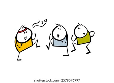 Group class at the fitness club. Cartoon vector illustration of the trainer shows the movements to the music. Isolated funny person on white background.