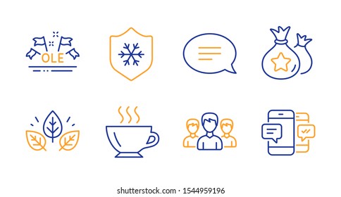 Group, Clean skin and Loyalty points line icons set. Organic tested, Chat and Ole chant signs. Coffee, Smartphone sms symbols. Group of people, Cold protect. Business set. Line group icon. Vector