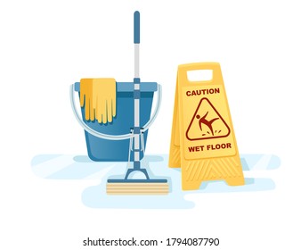 Group of cleaning tools wet floor sign mop bucket cleaning supplies flat vector illustration on white background