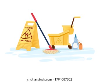 Group of cleaning tools wet floor sign mop bucket and chemical cleaning supplies flat vector illustration on white background