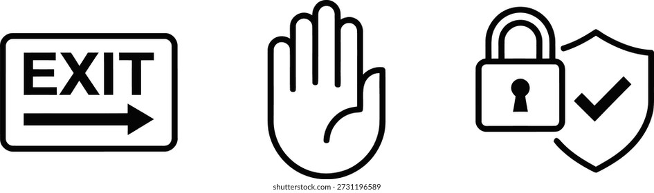Um grupo de ícones claros e simples representando saída, parada, segurança e verificação, ideal para segurança e controle de acesso.
