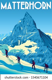 Um grupo de alpinistas sobe o pico Matterhorn na Suíça. Ilustração vetorial de vento desenhado à mão. Cartaz de estilo retrô.