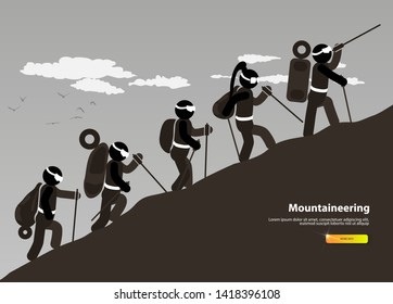 Group of climbers climbs the slope. Vector banner