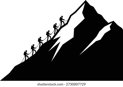 A group of climbers are shown ascending a steep mountain, connected by ropes, symbolizing teamwork and collaboration in overcoming obstacles.