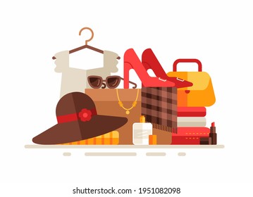 Group of clothing and female accessories. Flat vector illustration. Shoes, dress, hat, sunglasses, costume jewelry, perfumery, makeup isolated on white. Fits for clothing store advertising banner