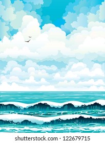 Group of clouds on a blue sky with two birds and turquoise sea with waves. Vector summer landscape.