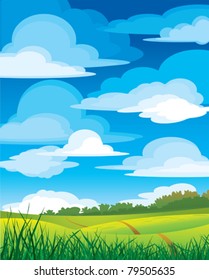 Group clouds on blue sky and green meadow with road