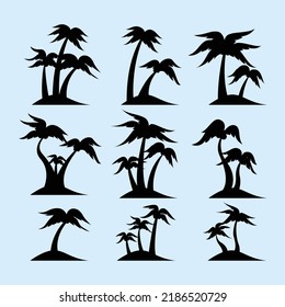 Group Of Coconut Palm Trees Silhouette On Small Isolated Island. Set Collection Of Coconut Palm Trees Island Silhouette