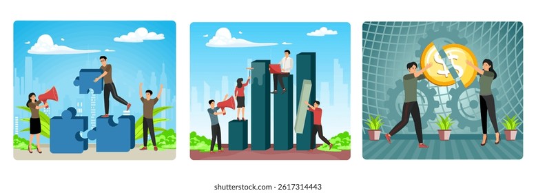 A group collaborates to assemble large puzzle pieces. Business concept. The metaphor of the team. people connecting the elements of the columns. Business or financial decision making environments. 