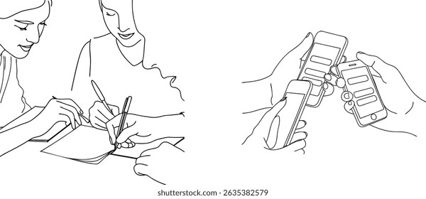 Group collaboration involving notebooks and smartphones depicted with clean and simple outlines