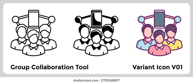 Group Collaboration Tool empowers online teamwork with shared digital workspaces for real-time student interaction. Line, Filled, Color style.