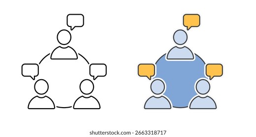 Ícone de ferramenta de colaboração em grupo mostrando três usuários com bolhas de bate-papo em círculo, perfeito para aplicativos de trabalho em equipe, salas de aula on-line ou plataformas de aprendizagem digital.