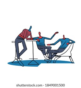 Group of colleague break at work talking and drink a coffee cup. Illustration with bold line and primary color Isolated on white