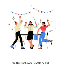 Group Of Colleagues Celebrating At Work In Flat Vector Illustration Symbolizing Teamwork, Celebration, And Office Party, Isolated On White Background