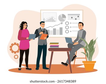A group of colleagues collaborate in meetings, discuss plans, and analyze data. The marketing team launches an advertising campaign. Flat vector illustration.