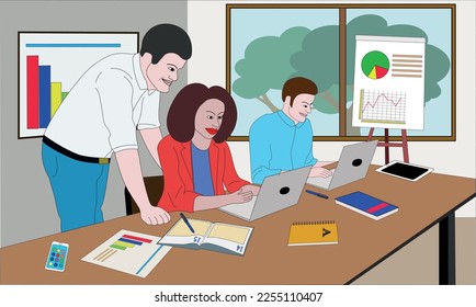 Group of colleagues are consulting in front of the computer at work to be done
