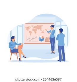 A group of colleagues develops a new project. Increase office productivity. Project implementation concept. Flat vector illustration.