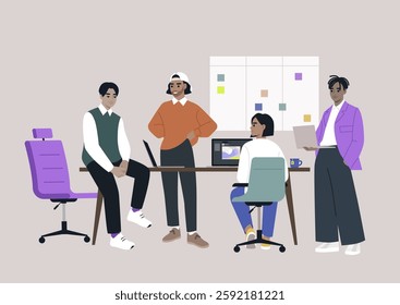 A group of colleagues gather in a contemporary office setting focused on teamwork and collaboration, sharing ideas while working on a project with a vibrant atmosphere