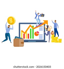group of colleagues, happy and dancing, playing surf, holding money around the laptop that screen shows growing graph, progressive with elements of money, wallet, credit cards, money bag