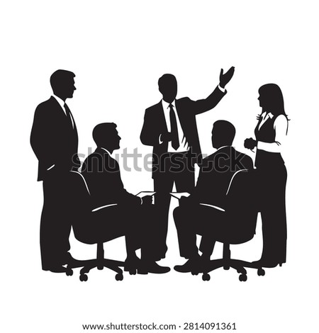 Group of colleagues meeting in professional setting with leader explaining strategy during project discussion office environment collaboration concept business teamwork professional presentation leadership vector black silhouette style isolated on white background.